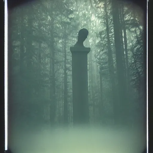 Image similar to a towering statue in a forest clearing reaching into the fog, night, old polaroid, expired film, megalophobia,