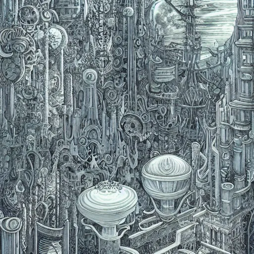 Image similar to muted color pallet, future cityscape by Joe Fenton and Ernst Haeckel