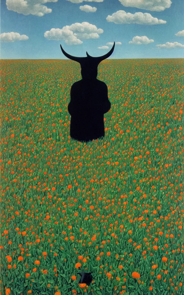 Image similar to black satan looking at you at distance in beautiful meadow of flowers, detailed painting by rene magritte