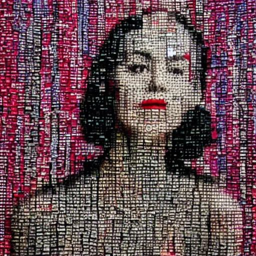 Prompt: beautiful portrait of a woman made from magazine clipplings, mcu, contrast, texture,