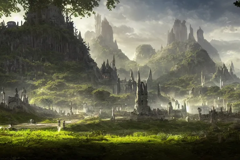 Image similar to An elven city at the base of a lush green hill with white monoliths surrounded by a moat, clear blue skies in the background, by Greg Rutkowski,Richard Sigamani, 8k photorealistic, cinematic lighting, HD, high details, dramatic, trending on artstation