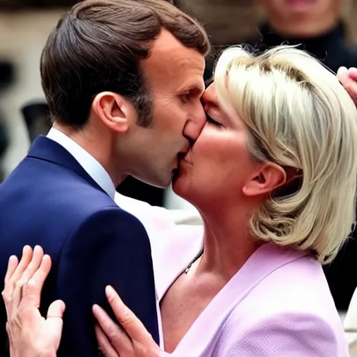 Prompt: emmanuel macron kissing Marine Lepen