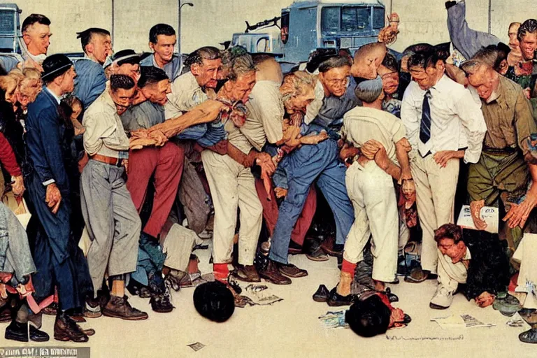 Image similar to a norman rockwell painting of a group of l - lgbt activists making a scene in front of a russian super - max prison