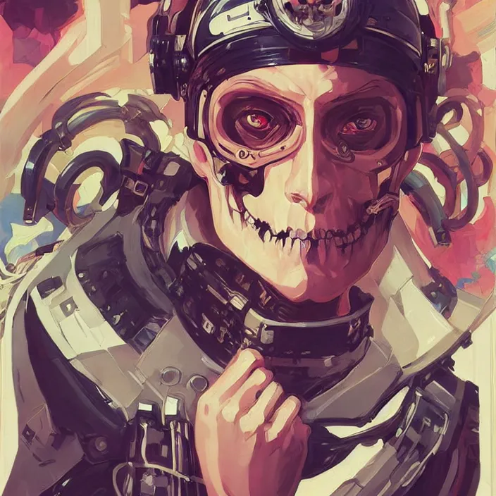 Prompt: anime skull portrait space pirate captain, futuristic science fiction, mucha, hard shadows and strong rim light, art by jc leyendecker and atey ghailan and sachin teng