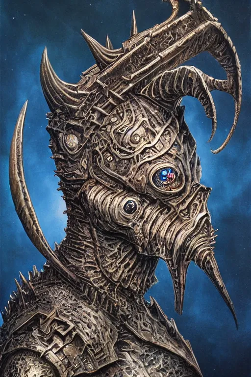 Image similar to sideview waist up portrait of anglerfish wear baphomet armor made with porcelain by jeff easley and peter elson, beautiful eyes and face, symmetry face, galaxy, gothic, surreal, dread, highly detailed, intricate complexity, epic composition, magical atmosphere, masterpiece, award winning, trending on artstation