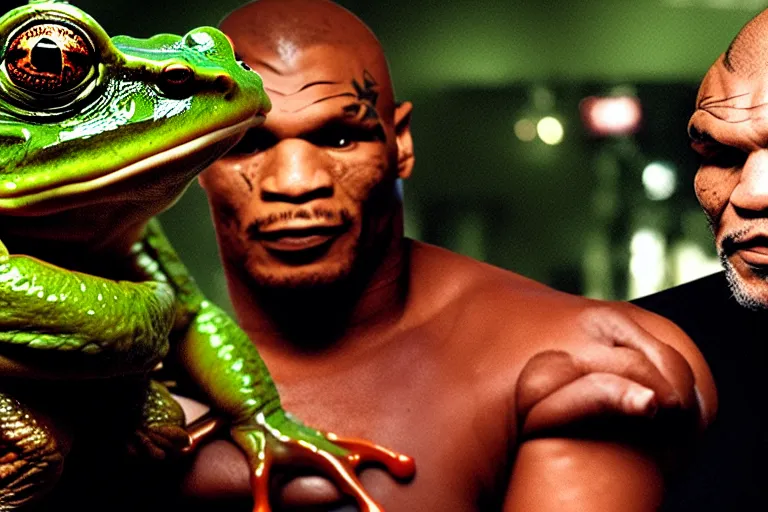 Image similar to a giant frog sitting with mike tyson in a bar, mike tyson with a toad, movie directed by martin scorsese and christopher nolan, masterpiece, 8 h