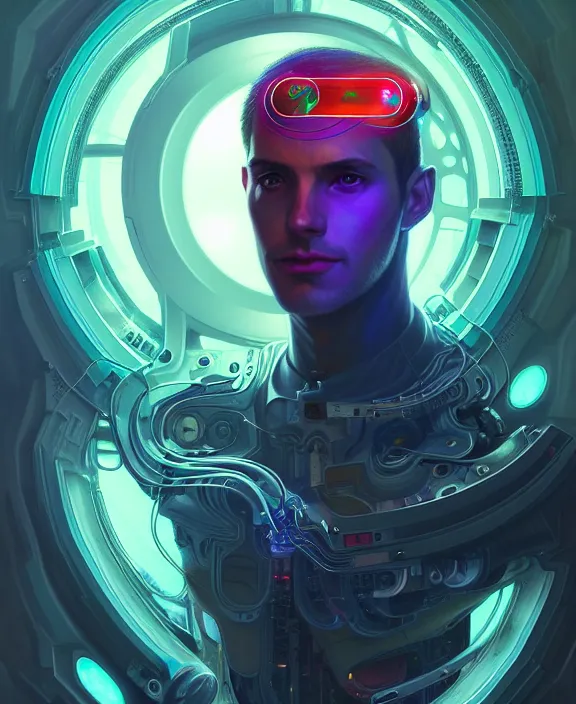 Image similar to a whirlwind inside the metaverse, guy, male, man, hologram, half body, neurochip, android, cyborg, cyberpunk face, by loish, d & d, fantasy, intricate, elegant, highly detailed, colorful, digital painting, artstation, concept art, art by artgerm and greg rutkowski and alphonse mucha