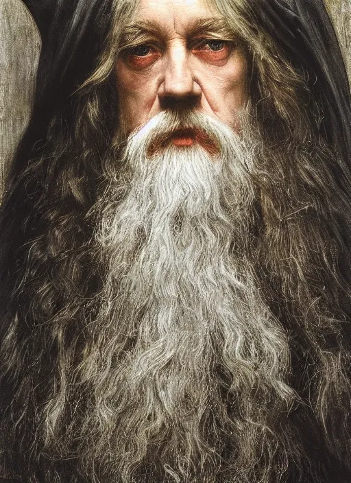 Image similar to a beautiful painting of gandalf by John Everett Millais and Dante Gabriel Rossetti and John Collier and john william waterhouse, pre-raphaelite, detailed, trending on artstation, hd, masterpiece