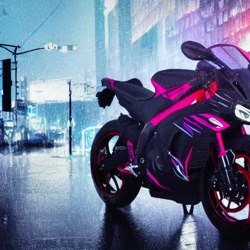 Image similar to sportbike rider standing in a city, rain, 4k, (synthwave), trending on artstation,