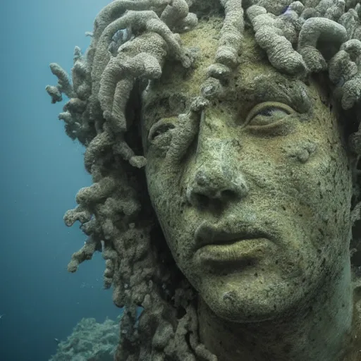 Prompt: Award-winning photograph by Mar Mann. The photo depicts a decaying roman bust of Christiano Ronaldo overgrown with moss at the bottom of the sea in the middle of ruins of civilization. Minimalism, high definition, perfect composition. Deep sea picture. Very dark. Volumetric Lighting. Fish. Darkness. Ruins