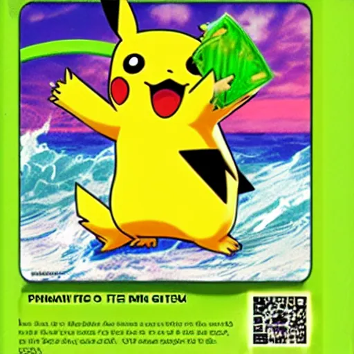 Image similar to pikachu surfing on a wave made of green slime, pokemon tcg image