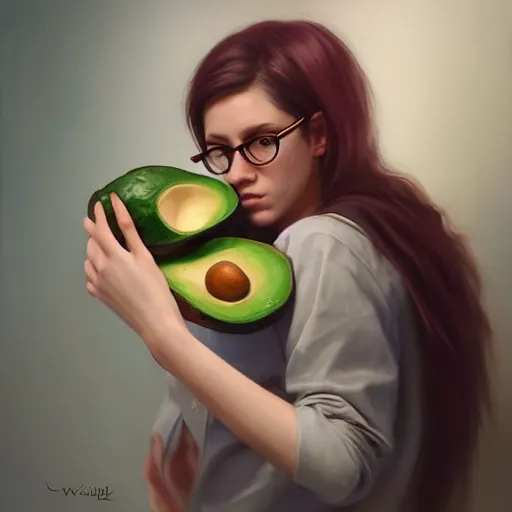 Prompt: ennie award winning artist lauren walsh wearing glasses lovingly cradling an avacado, fullbody, ultra high detailed, oil painting, greg rutkowski, charlie bowater, yuumei, yanjun cheng, lauren walsh, unreal 5, daz, hyperrealistic, octane render, rpg portrait, dynamic lighting, fantasy art, beautiful face