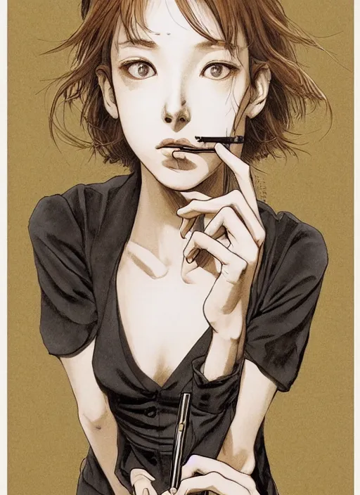 Image similar to portrait of a beautiful girl smoking a cigarette, by takehiko inoue and kim jung gi and hiroya oku, masterpiece illustration, ultrarealistic, perfect hands, perfect face and anatomy, golden ratio