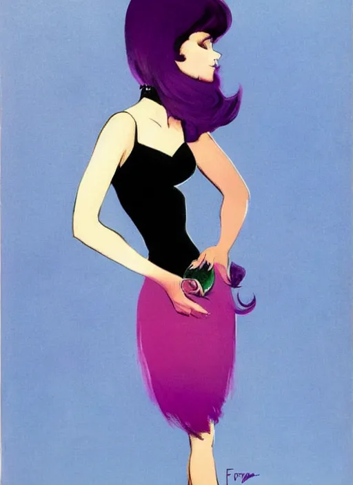 Prompt: girl in cocktail dress with purple voluminous hair, strong line, vibrant color, beautiful! coherent! by frank frazetta, high contrast, minimalism