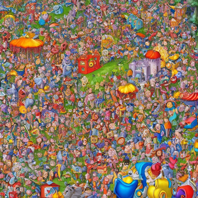 Image similar to an incredibly detailed masterpiece painting of a Where's Waldo puzzle by bosch and lisa frank, ornate, beautiful, bold colors, detailed, high resolution, wow!, realistic, photorealism, intricate