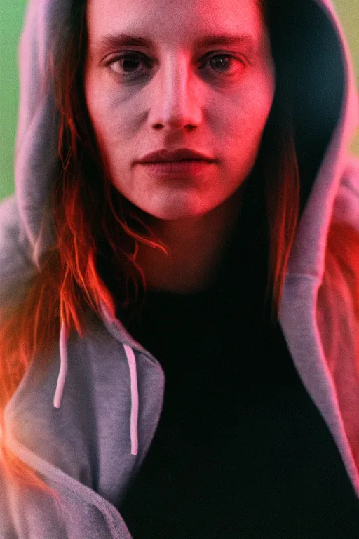 Image similar to A realistic and detailed portrait photography of a woman wearing black hoodie. by Annie Leibovitz. Neo noir style. Cinematic. Rainbow neon lights and glow in the background. Cinestill 800T film. Lens flare. Helios 44m. Ultra detail. Photoreal. Depth of field.