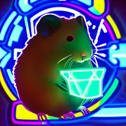 Image similar to cyberpunk hamster holding rainbow gem! crystal, neon lights, light reflection, 8 k, hd