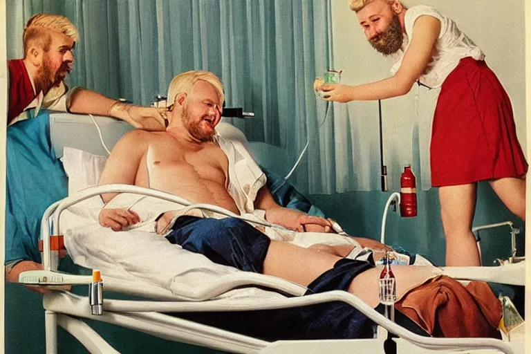 Image similar to “Blond man with big beard having happy summer vacation in Hospital bed with IV therapy stand. Drink in hand. Beautiful women around him. In the style of retro advertising. Colofur. Detailed.”