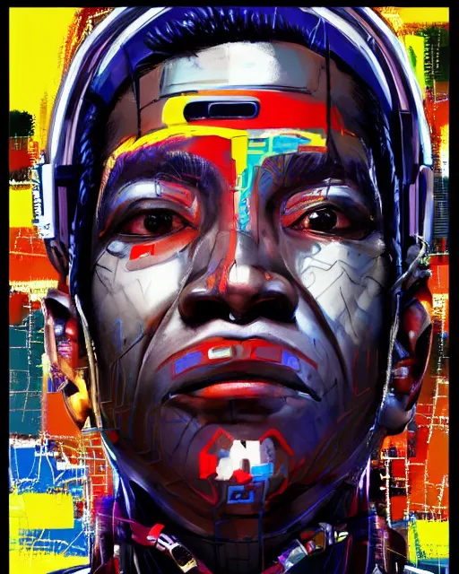 Prompt: a cyberpunk portrait of a four star general by jean - michel basquiat, by hayao miyazaki by artgerm, highly detailed, sacred geometry, mathematics, snake, geometry, cyberpunk, vibrant, water