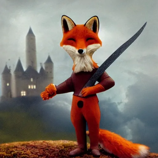 Prompt: anthropomorphic fox!! who is a medieval knight holding a sword towards a stormy thundercloud [ 1 9 3 0 s film still ], castle,, in the background