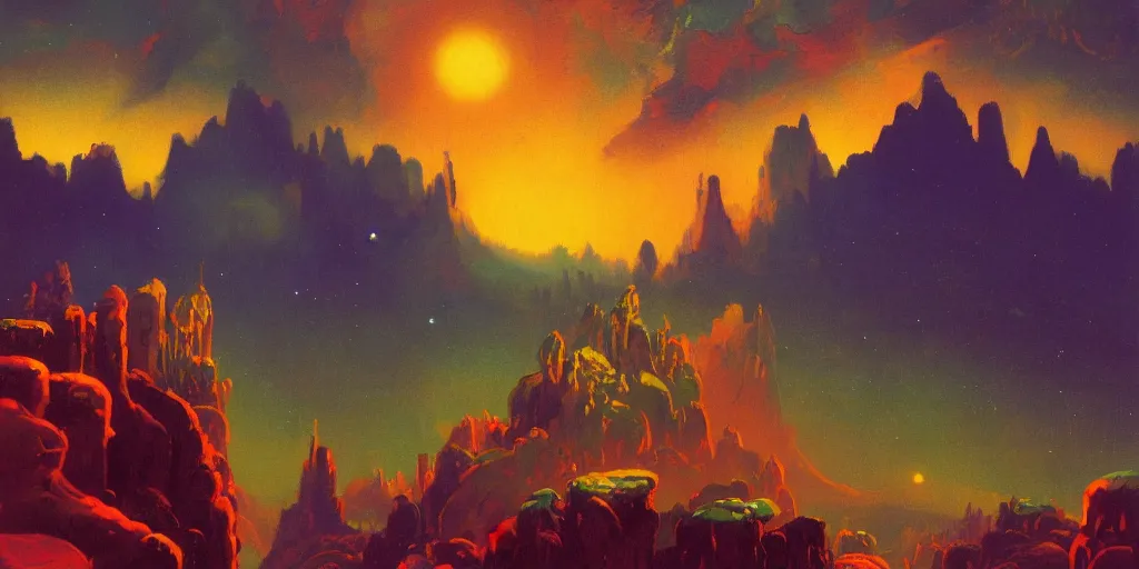 Prompt: a curved perspective cartoon paul lehr narrow night landscape with far away mountains