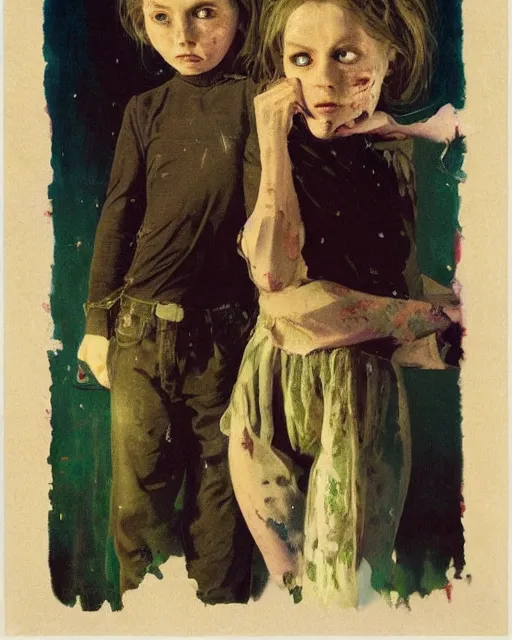 Image similar to two beautiful but creepy siblings wearing oxford shirts in layers of fear, with haunted eyes, 1 9 7 0 s, seventies, wallpaper, a little blood, morning light showing injuries, delicate embellishments, painterly, offset printing technique, by brom, robert henri, walter popp