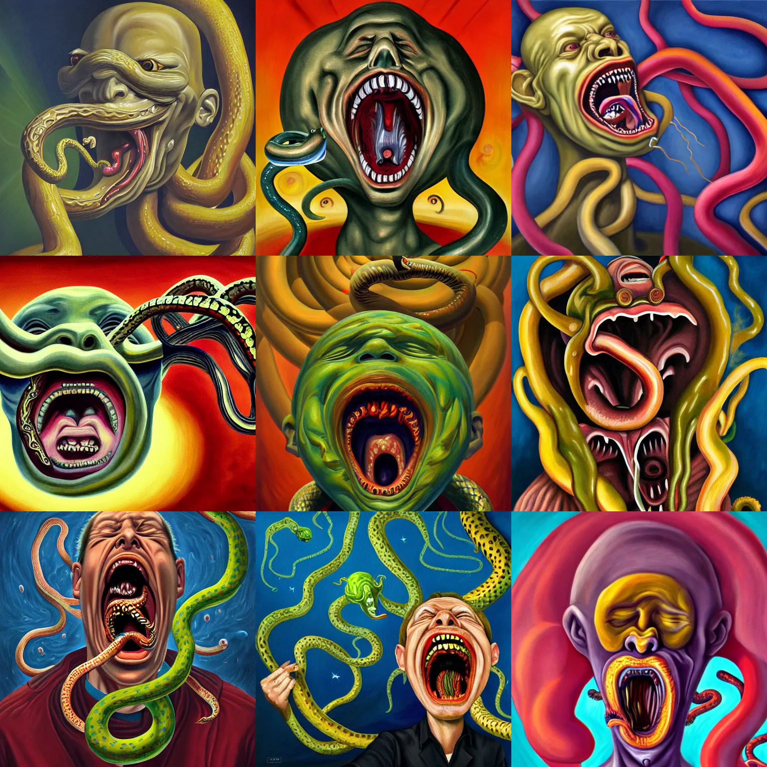Prompt: a painting of a screaming man's face with snakes coming out of his mouth, a surrealist painting, polycount, surrealism, surrealist, lovecraftian, cosmic horror