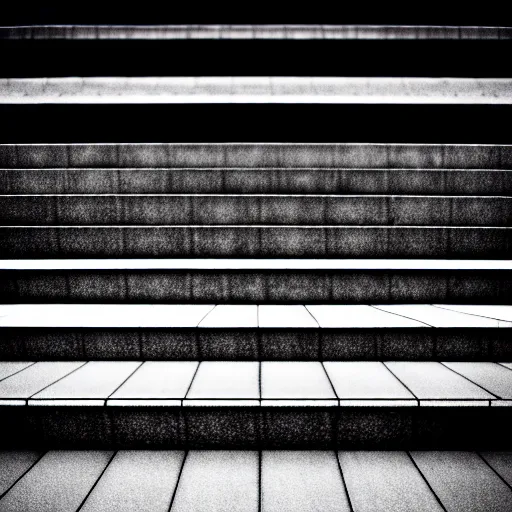 Image similar to black and white surreal photograph, highly detailed vast space made of stairsteps, sideview, detailed textures, natural light, mist, architecture photography, film grain, soft vignette, sigma 1 4 mm f / 1. 4 1 / 1 0 sec shutter, imax 7 0 mm footage