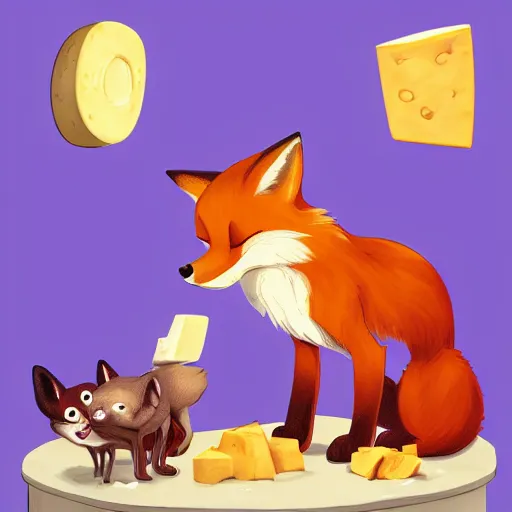 Prompt: foxes judging a cheese competition, furry, cute, disney style, artstation, detailed, award winning, dramatic lighting, cheese, fox, cheese competition, cheese contest, soft lighting, tv show, vaporwave, fox, cheese