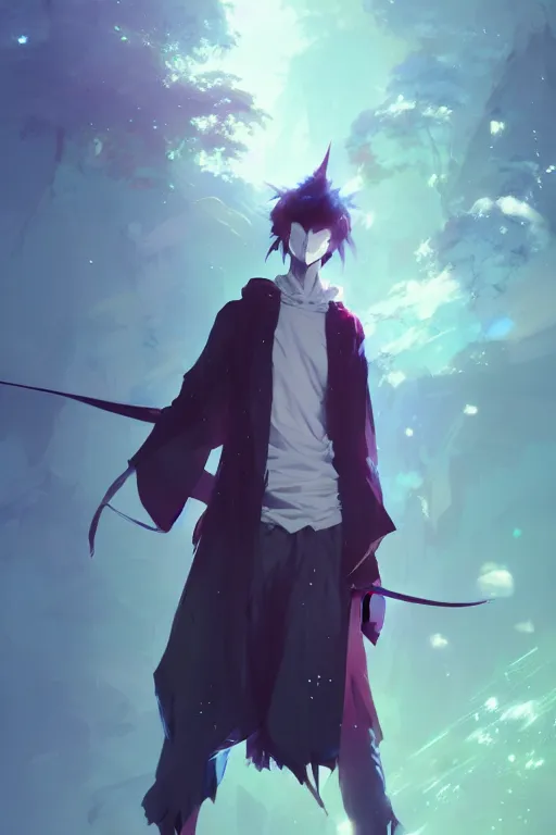 Prompt: a beautiful fullbody portrait of a skinny young anime male wearing a wizard style outfit. character design by cory loftis, fenghua zhong, ryohei hase, ismail inceoglu and ruan jia. artstation, volumetric light, detailed, photorealistic, fantasy, rendered in octane