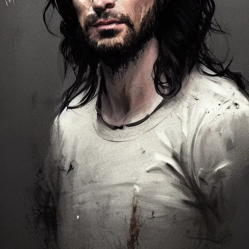 Image similar to Portrait of a man by Greg Rutkowski, he is about 30 years old, messy long black hair, tired appearance, roman nose, german features, wearing black t-shirt, highly detailed portrait, digital painting, artstation, concept art, smooth, sharp foccus ilustration, Artstation HQ.