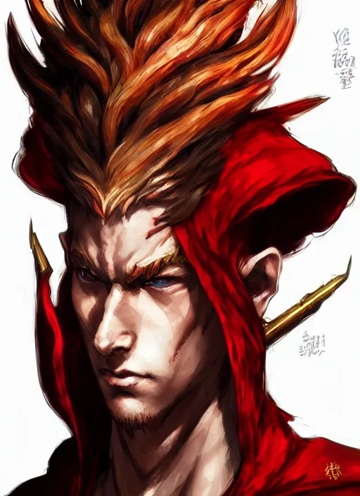 Image similar to Half body portrait of a handsome young red haired elven monk prince with dragon eyes, staff and red and golden ornate dragon robe. In style of Yoji Shinkawa and Hyung-tae Kim, trending on ArtStation, dark fantasy, great composition, concept art, highly detailed.