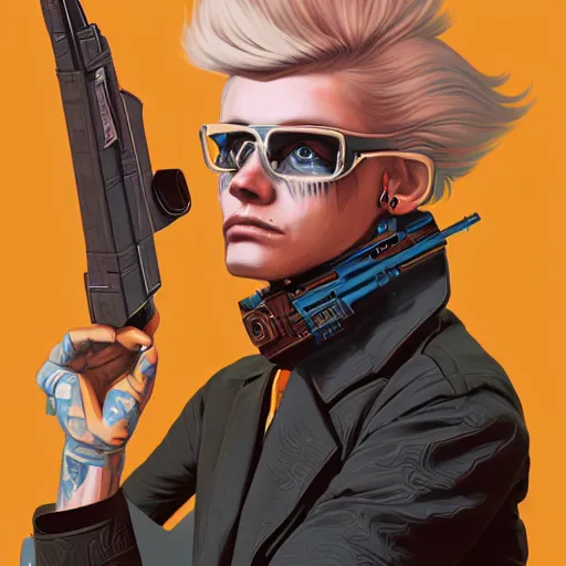 Image similar to a portrait of an anthropomorphic cyberpunk blond terrier! holding a shotgun, fantasy, elegant, digital painting, artstation, concept art, matte, sharp focus, illustration, art by josan gonzalez