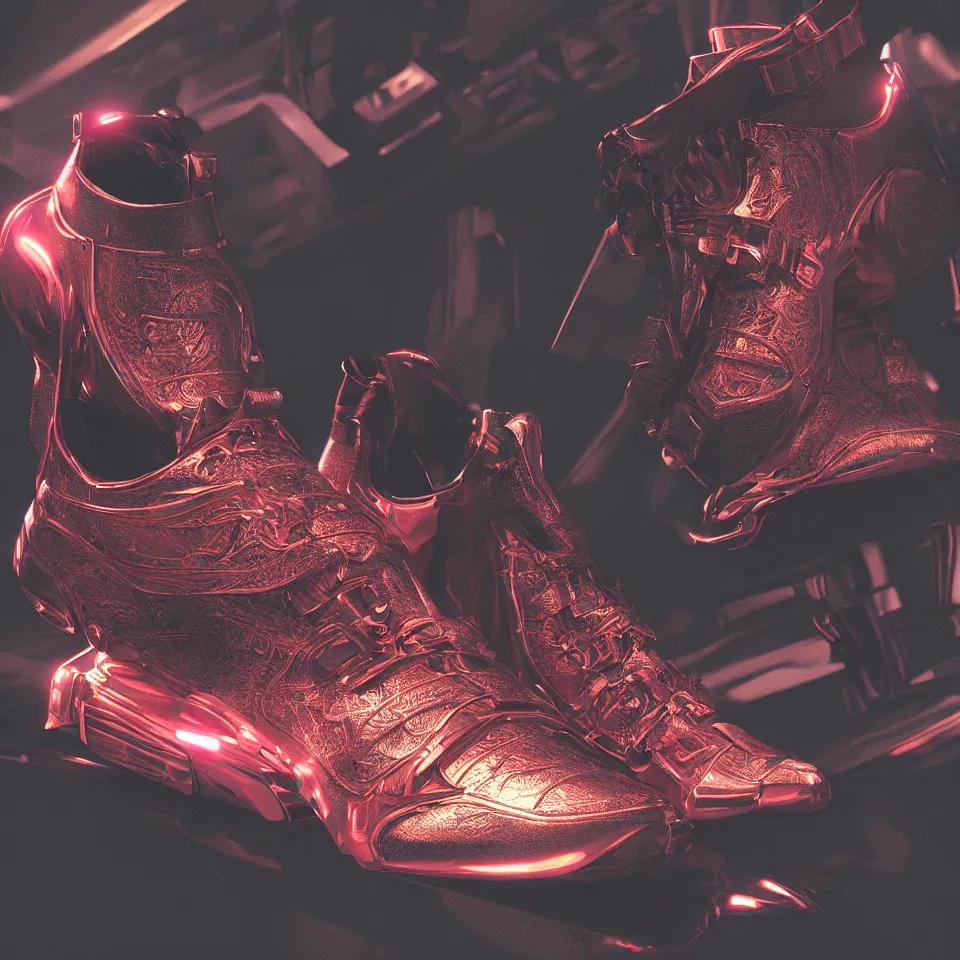 Prompt: realistic 3 d render product shot of a cyberpunk sneaker, beautiful studio lighting, soft, sharp focus, neon cyberpunk highlights, intricate detail, gold and red accents, soft rubber, octane render, wide angle, trending on artstation, deviantart, art by syd mead and issey miyake