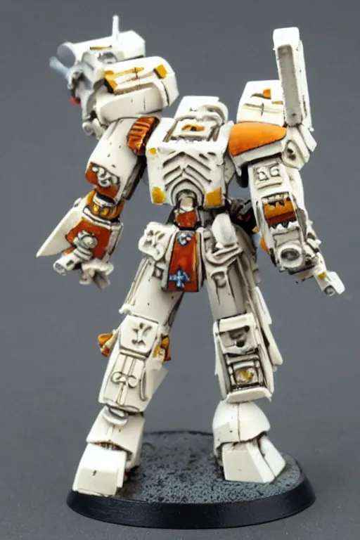 Prompt: Warhammer 40k TAU titan with white plating miniature
