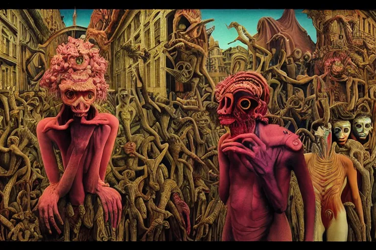 Prompt: 35mm color, identity, portrait, fashion shoot, freak show, weird, random, strange, hyperdetailed, photorealistic, high fashion, interesting, humans enslaved by robots, by David la chapelle and h r giger and and karol bak and david cronenberg and WETA digital, art by Zdzisław Beksiński, Ivan Bilibin, Dariusz Zawadzki , ID magazine, octane rendering, cinematic, hyperrealism, octane rendering, 8k, depth of field, bokeh.