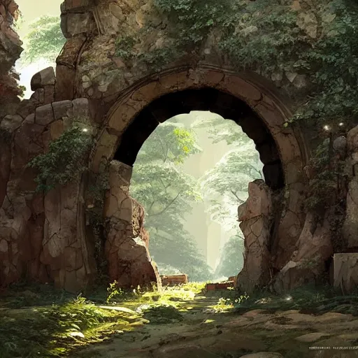 Image similar to concept art painting of an ornate ancient stone archway, in the woods, realistic, detailed, cel shaded, in the style of makoto shinkai and greg rutkowski and james gurney