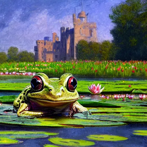 Prompt: close - up of a smiling frog in the pond with water lilies, medieval castle on background, shallow depth of field, highly detailed, ominous, digital art, masterpiece, matte painting, sharp focus, matte painting, by isaac levitan, monet, asher brown durand,