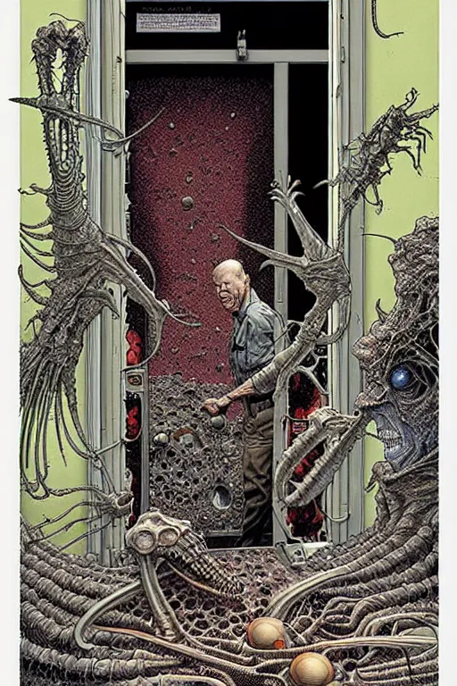 Image similar to a doorway to an impossible dream beyond comprehension, very very detailed painting by geof darrow and greg rutowski and hr giger