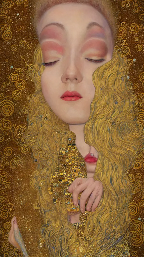 Image similar to a soft and breathtaking detailed painting of a full body sleeping blonde princess in the style of Gustav Klimt, blonde hair, shiny gold, elegant, highly detailed, artstation, fluo colors, concept art, matte, sharp focus, art by Gustav Klimt