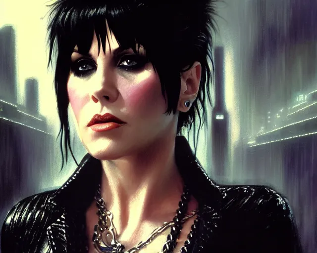 Prompt: a 4 k cinematic film screenshot still portrait of joan jett in blade runner, deep focus, d & d, fantasy, intricate, elegant, highly detailed, digital painting, artstation, concept art, matte, sharp focus, illustration, dark fantasy style art, hearthstone, art by artgerm and greg rutkowski and alphonse mucha