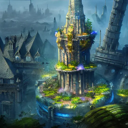 Image similar to aerial view of a giant fish tank shaped like a tower in the middle of a city, godray on plants, fantasy digital art, fantasy style art, fantasy hearthstone art style, fantasy game art by greg rutkowski, darksouls concept art