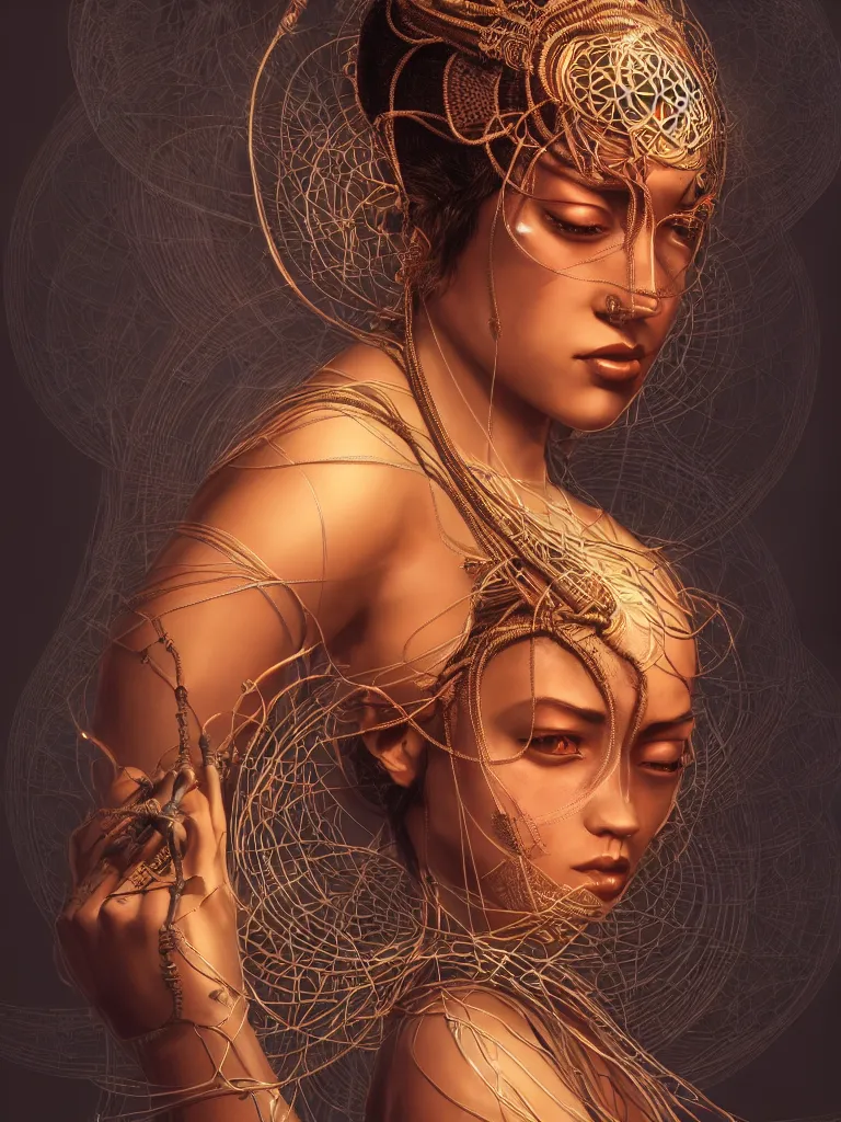 Image similar to a centered render of an alluring mystical tribal goddess adorned with cables and synthesizer parts is surrounded by sacred geometry, full body, gorgeous face, perfect face, powerful, cinematic, beautifully lit, by artgerm, by karol bak, 3 d, trending on artstation, octane render, 8 k