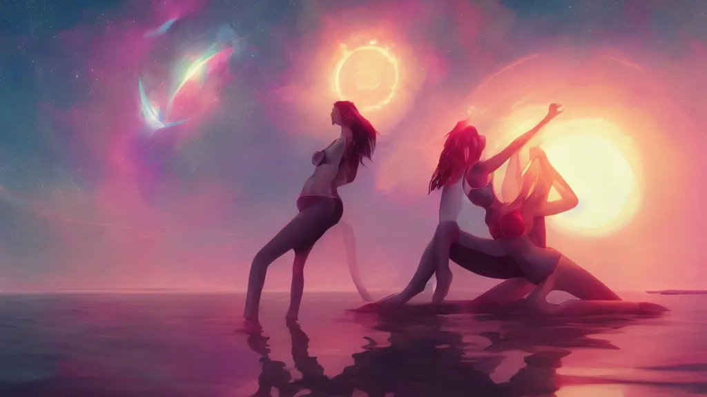 Prompt: beautiful seductive women standing in a lake reaching for the stars, underneath a multi-colored binary blackhole with an accretion disc, by Lois van Baarle, by Greg Rutkowski, by artgerm, by beeple, volumetric lighting, 4k resolution, octane render, trending on artstation