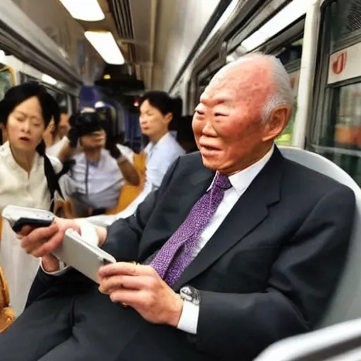 Image similar to candid photo of Lee Kuan Yew squinting disapprovingly at his phone while riding the train