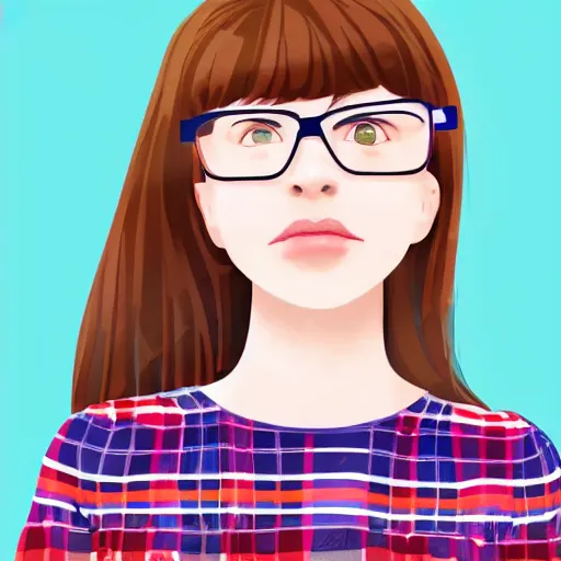 Prompt: teenager girl who is into geeky culture, she's very smart and timid and wear glasses, ilustration, children's book, white background
