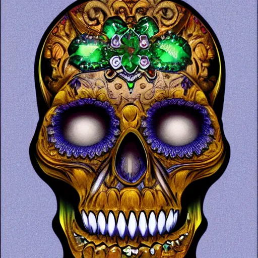 Image similar to a detailed fabergé slmexican skull, digital painting, perfect, ultra graphics shiny effect, glossy surface