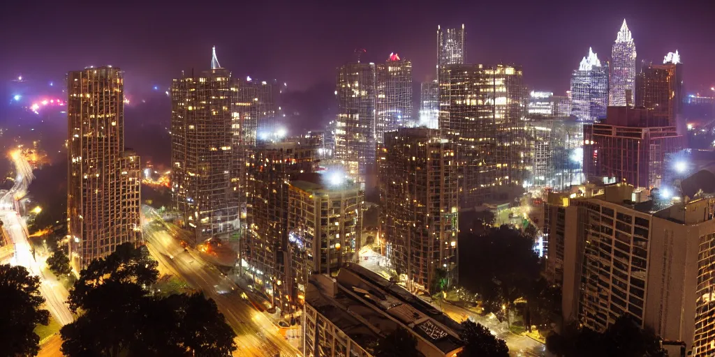 Prompt: atlanta georgia skyscrapers, night, fog, lights shining beams into fog,
