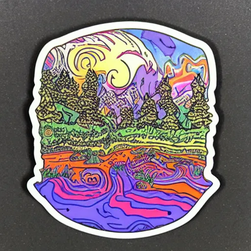 Prompt: sticker of a trippy landscape by jack davis