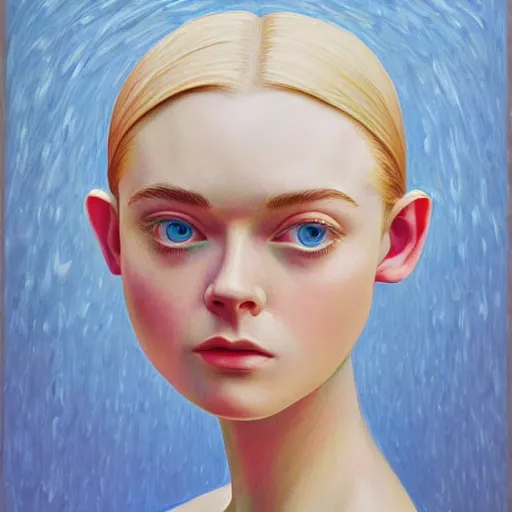 Image similar to professional painting of Elle Fanning in the style of George Tooker, head and shoulders portrait, symmetrical facial features, smooth, sharp focus, illustration, intricate, stormy weather, extremely detailed masterpiece,